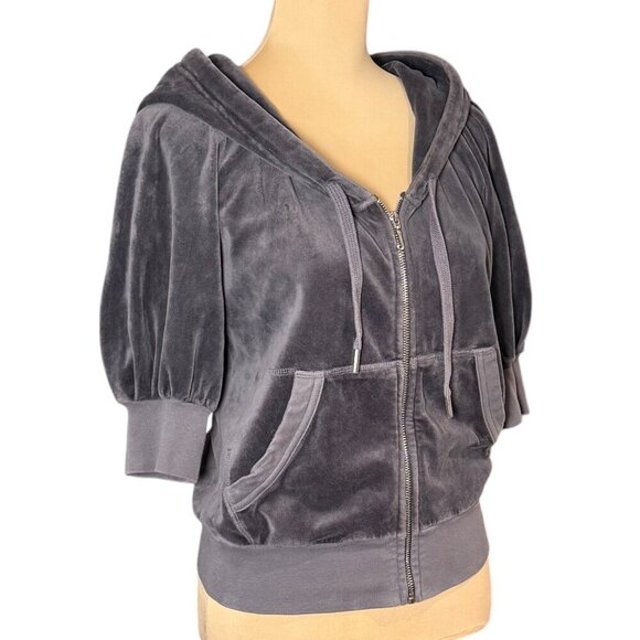 VTG Y2K Juicy Couture Velour Jacket Sz.L Gray Hooded Short Puff Sleeve - Picture 2 of 10